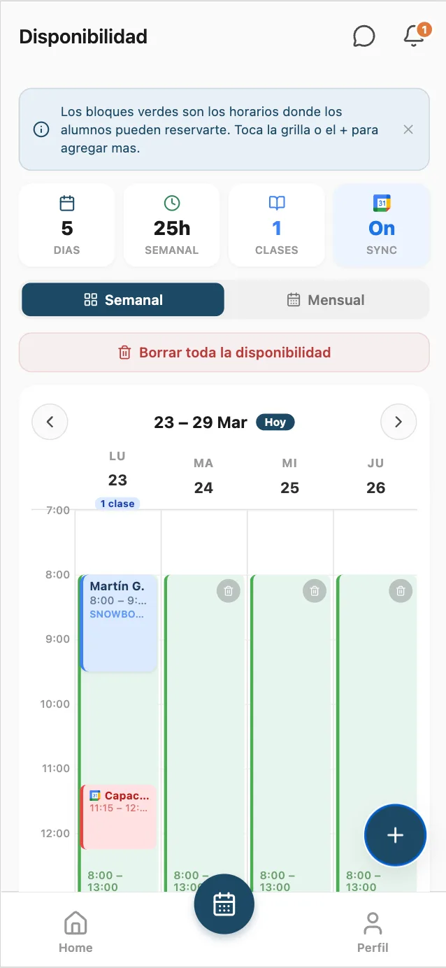 Vista de calendario sincronizado con Google Calendar